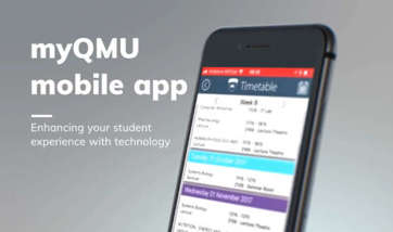 myQMU mobile app poster with screenshot on smartphone