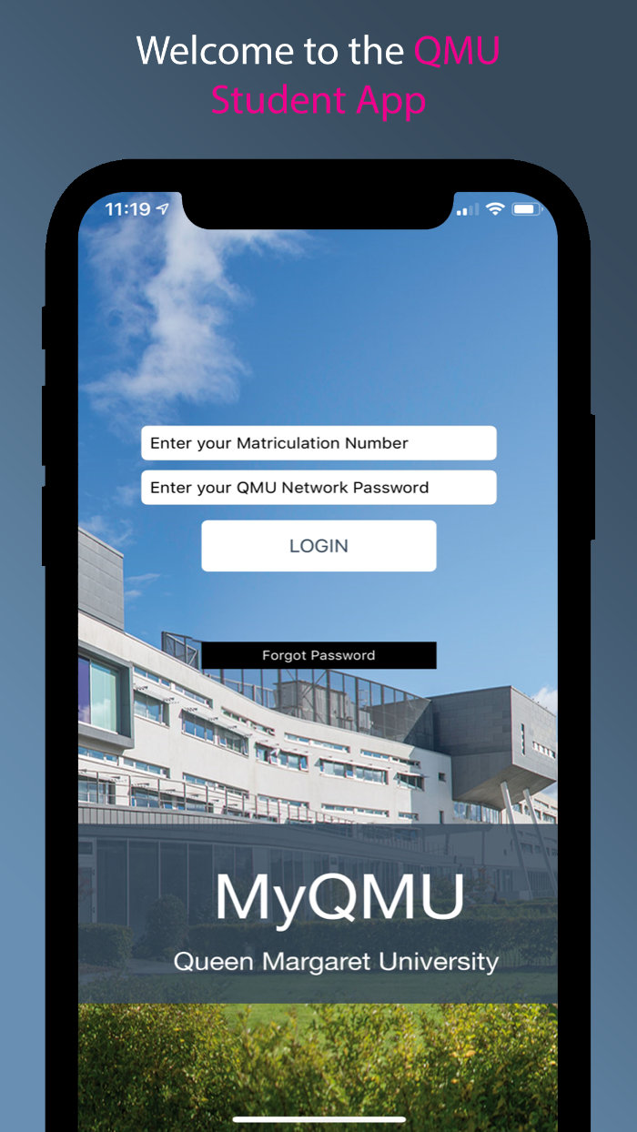 Screenshot of the MYQMU App login screen