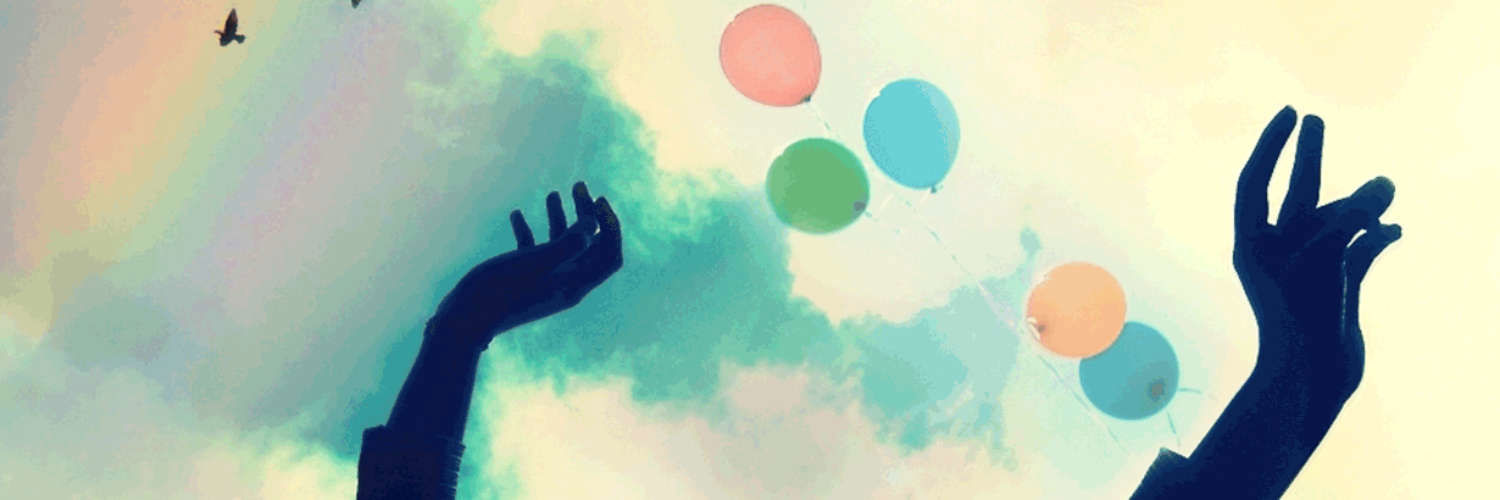 An illustration of a pair of hands reaching up to a sky full of balloons