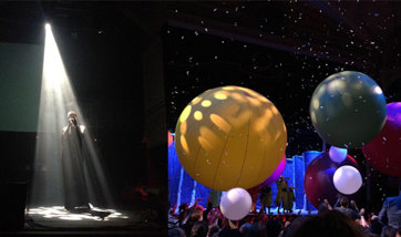 A vibrant events space with large inflatable balloons