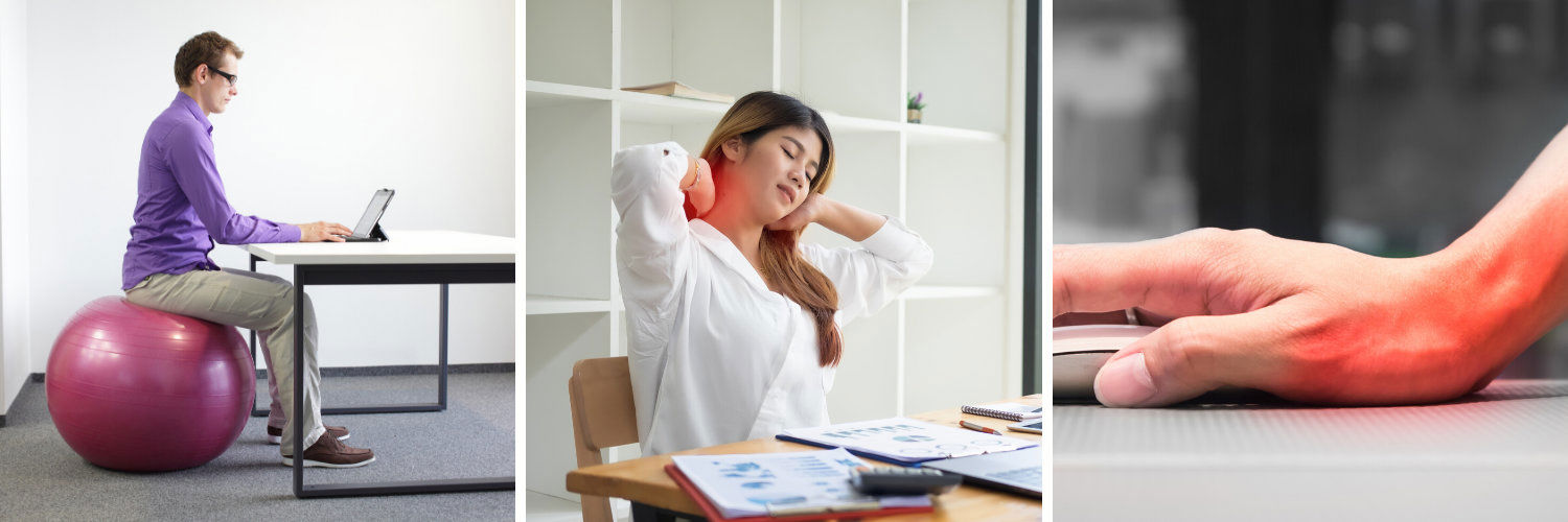 Collage of people sitting on an exercise ball, rubbing their neck in pain & a wrist glowing red