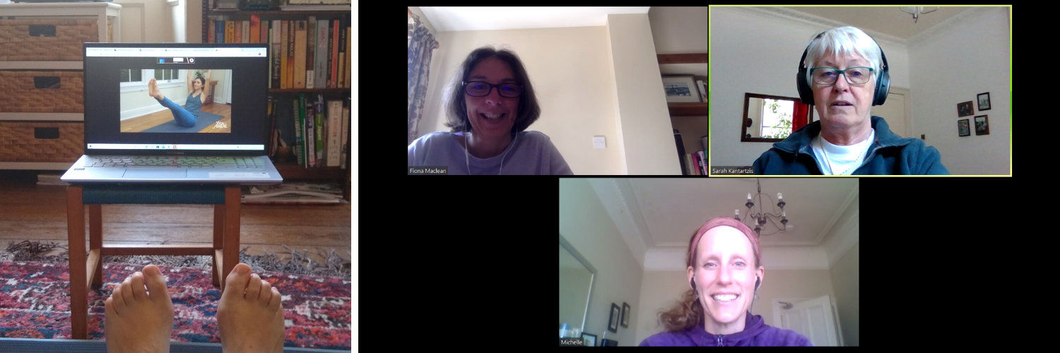 A collage of yoga with Adriene and three women conference calling on Zoom