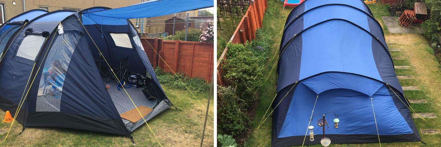 Side by side photos of a large tent erected in a back garden