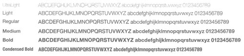 the alphabet written in Helvetica Neue font, shown in different variations of bold