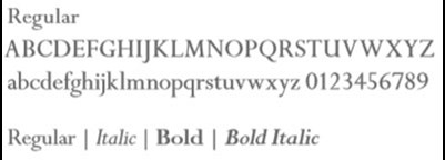 the alphabet written in Perpetua font and shown in different variants of bold & italic