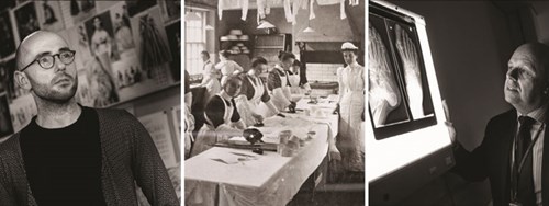 3 black and white photographs of an x-ray, maids in historic clothing and a modern man