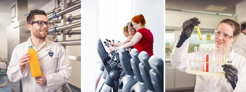 three photos of a man with juice, women on exercise bikes & a girl in a lab with test tubes