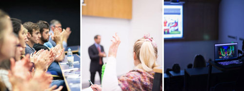 3 images of students applauding, holding their hands up with questions & a presentation