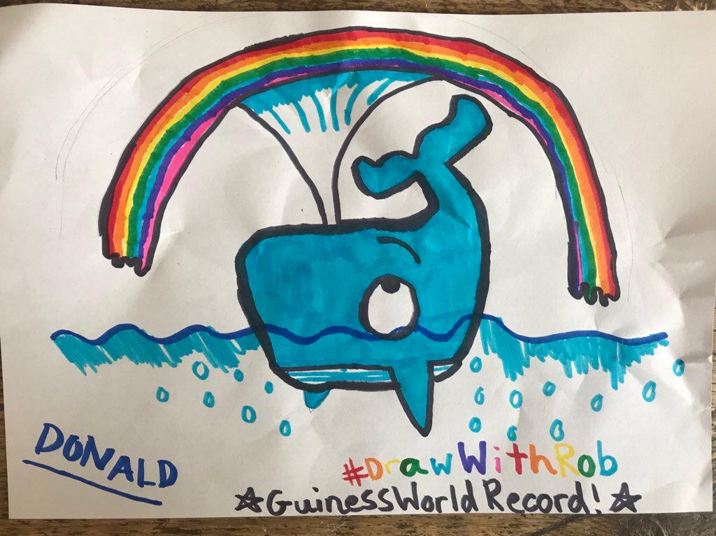 A drawing of a whale with a rainbow overhead