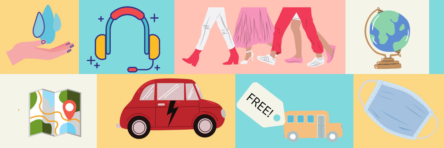 A collage of colourful illustrations including wasking hands, headphones, walking, globe, map, car, bus and face covering.
