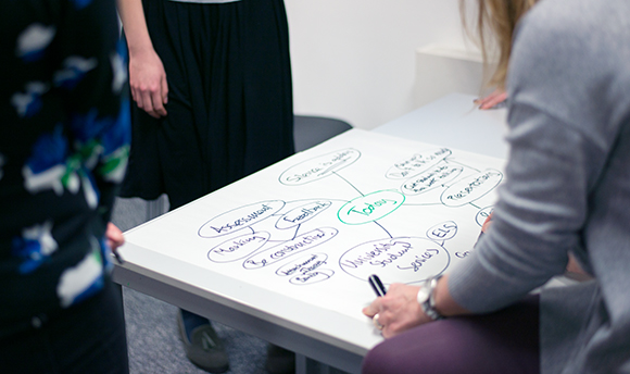 Close up of a woman writing out a mind map whilst others stand round the paper
