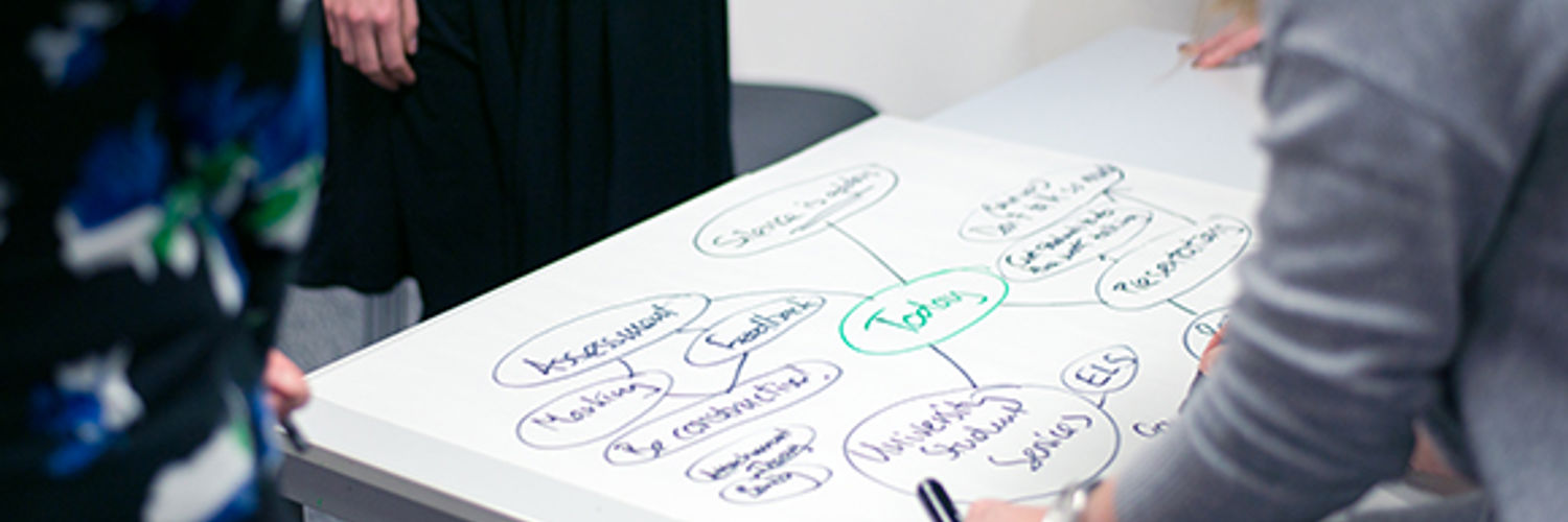 Close up of a woman writing out a mind map whilst others stand round the paper