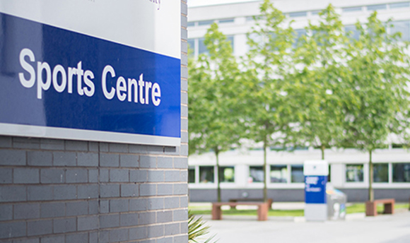 Close up of the Sports Centre sign at Queen Margaret University