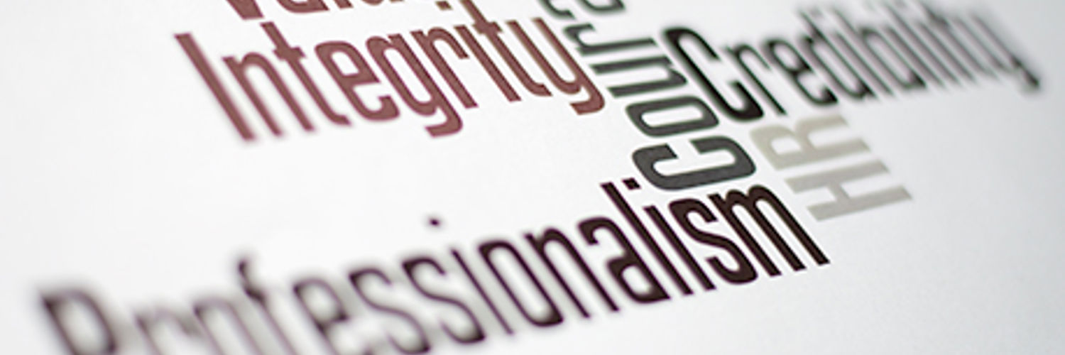 A word cloud with "values, integrity, professionalism, courage, HR & credibility"