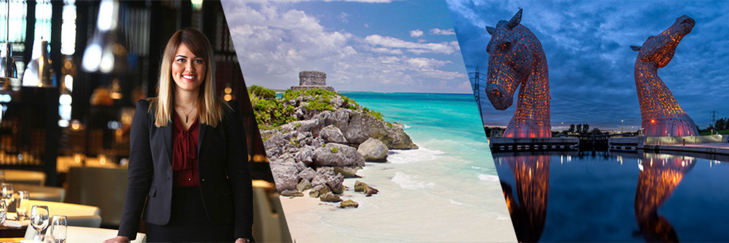 Hospitality Collage: manager in a lavish restaurant, an exotic white sand beach, and the Kelpies at Helix Park