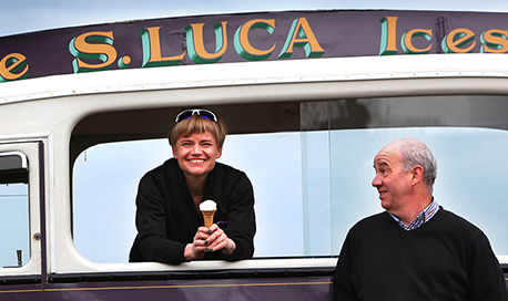 Smiling owners in a Pure S.Luca Ices ice cream van