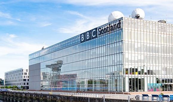 Panorama of the BBC Scotland building at the Pacific Quay, Glasgow on a sunny day