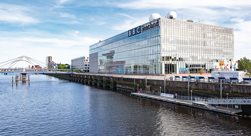 Panorama of the BBC Scotland building at the Pacific Quay, Glasgow on a sunny day