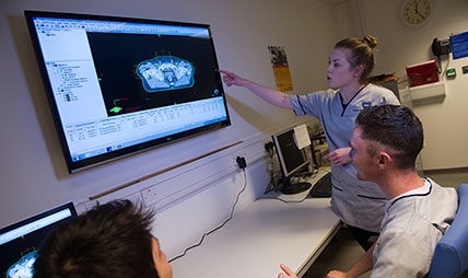 Radiography students examining an X-Ray 
