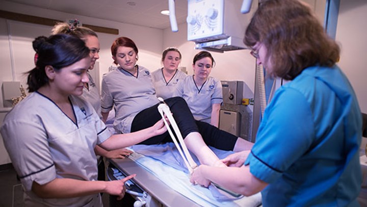 Radiography students holding a model shin bone beside a student's leg