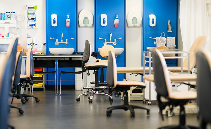 Close-up of chairs in Queen Margaret University specialist podiatry lab