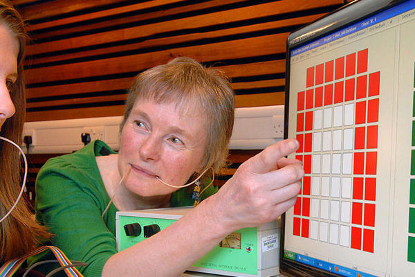 A student & Lecturer with probes in their mouths looking at a screen covered in coloured squares
