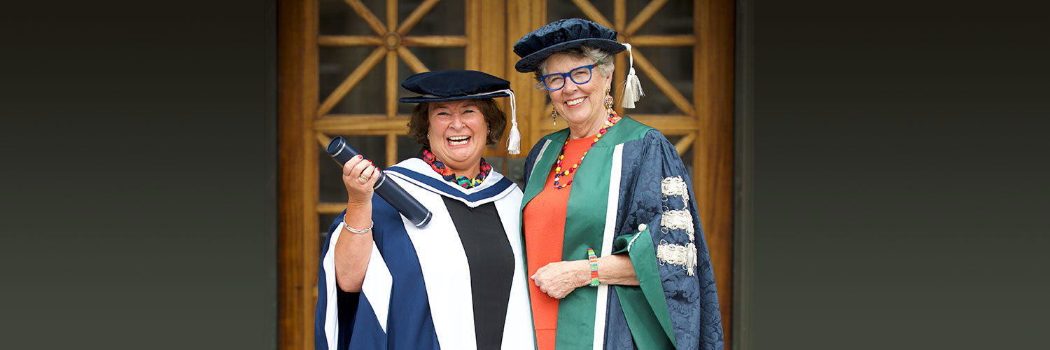 Prue Leith with QMU Honorary Graduate Mairi O'Keefe
