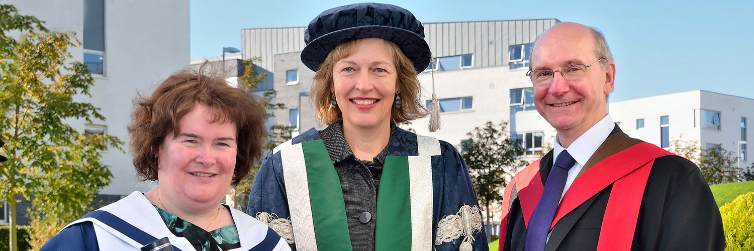 QMU Honorary Graduate Susan Boyle with Petra Went and Sir Tom Farmer
