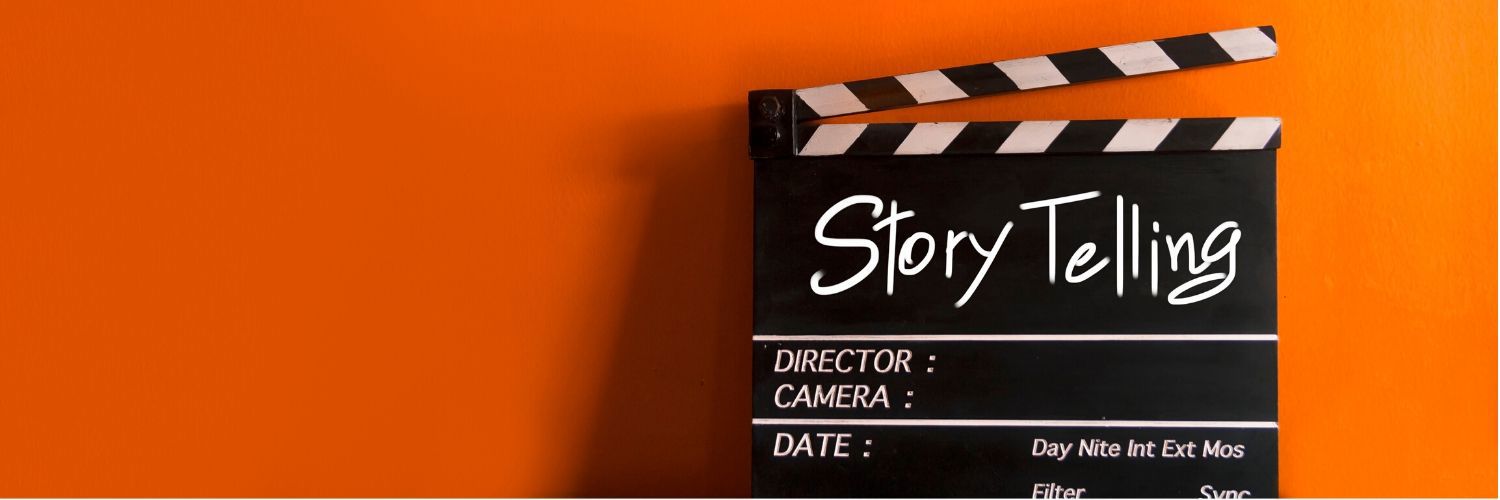 A clapper with the word 'storytelling'