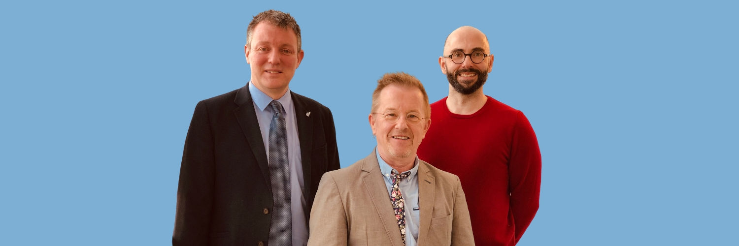 QMU's David Stevenson celebrating new course with representatives from Fife College
