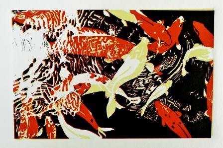 Black, white & orange print art of Koi fish splashing under the water