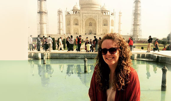 Bryony posing in front of the Taj Mahal, India