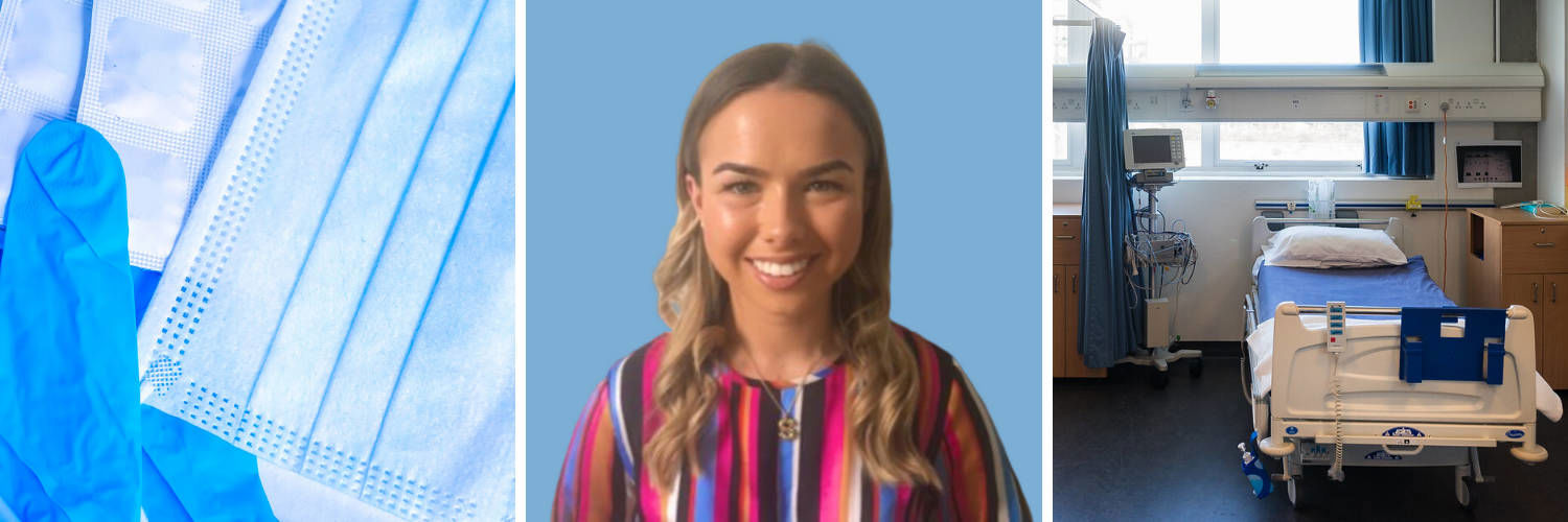 A collage of face coverings, QMU student Sophie McAuliffe and an empty hospital bed