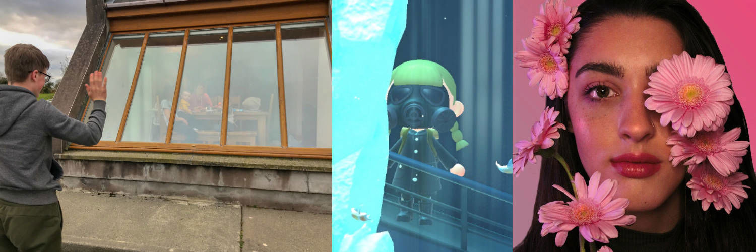 Collage of a man waving though a window, a screenshot from Animal Crossing & a woman posing with flowers