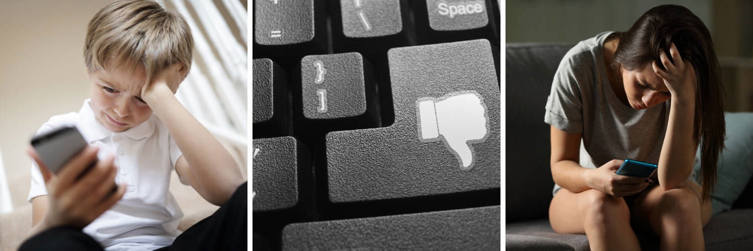 Two stressed looking children on their mobile phones and a keyboard button with a thumbs down symbol