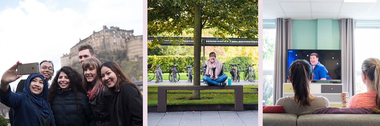 Collage: students exploring Edinburgh, a woman studying on a bench and a group of flatmates watching TV