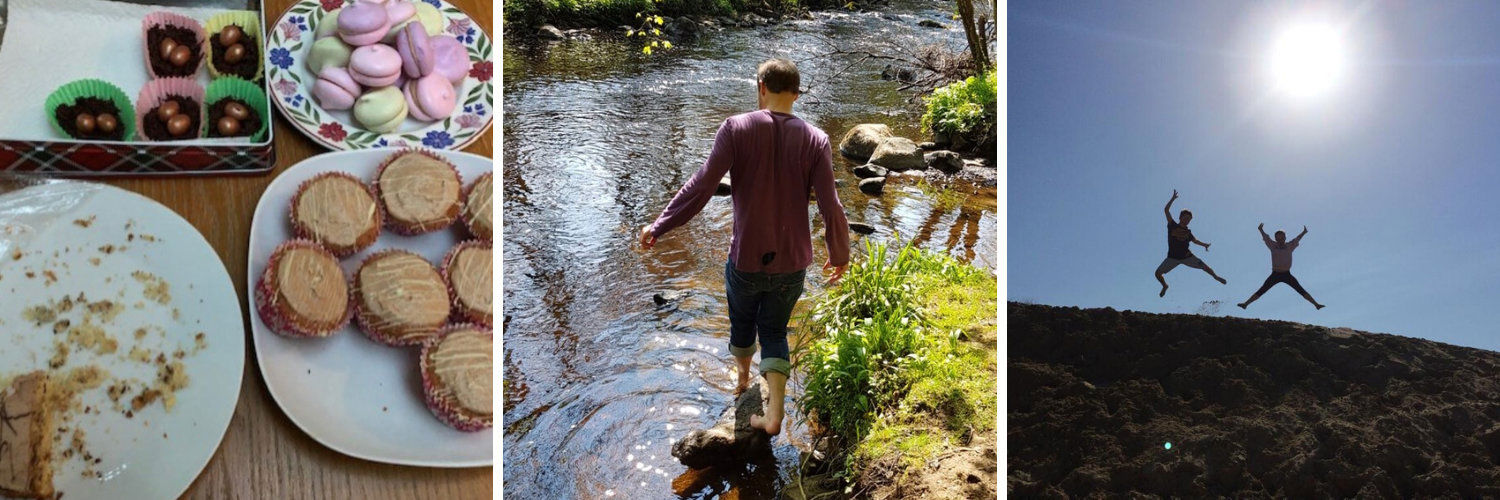 A collage of baked goods, people jumping on a hill and a man wading in a river