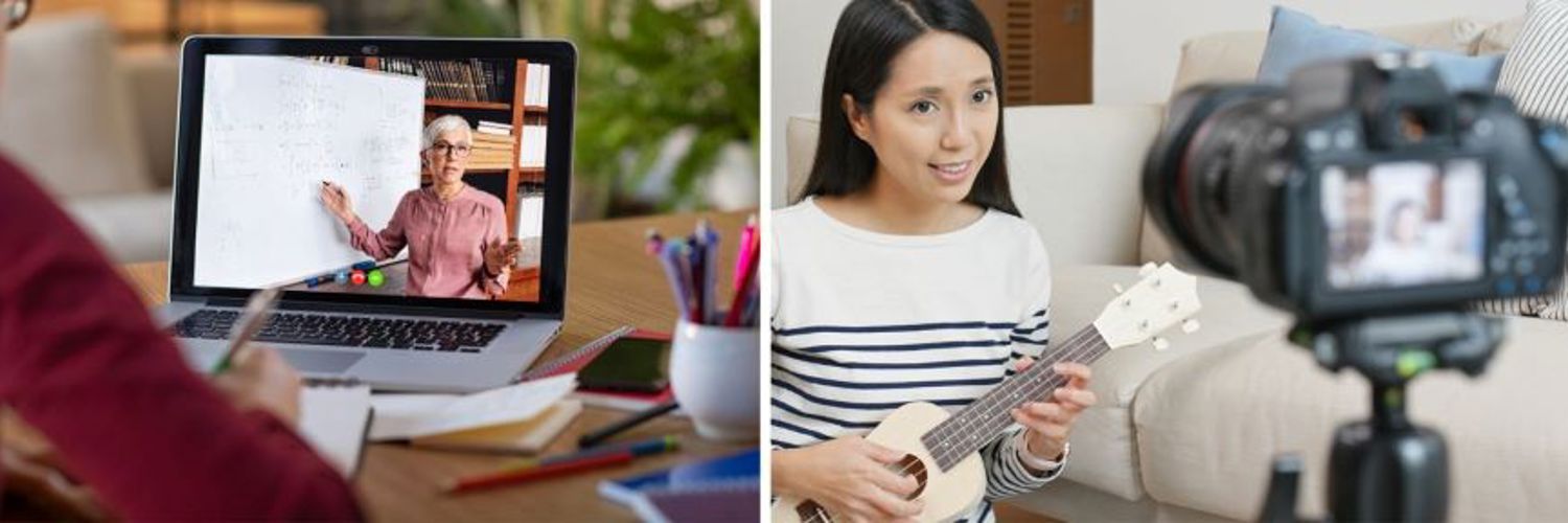 A student watching an online lecture on a laptop and a woman videotaping herself playing a ukelele