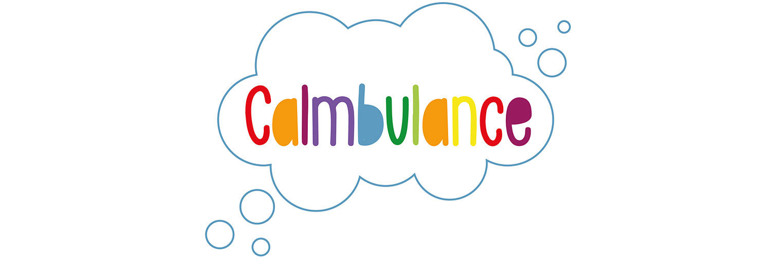 An illustration of a cloud with the word "calmbulance" in multicoloured letters