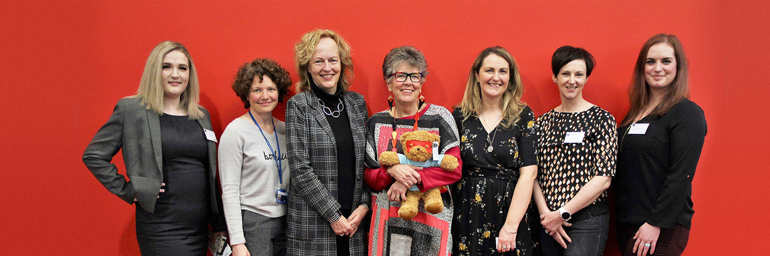 Prue Leith, Chancellor of Queen Margaret University and a row of female staff members