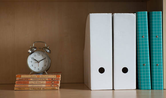 A clock and some folders at Queen Margaret University, Edinburgh