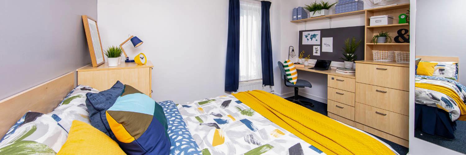 A clean, tidy double room on the QMU campus