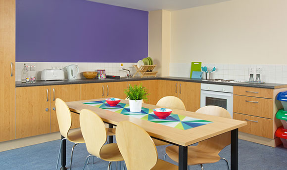 A bright open shared kitchen in the student accommodation