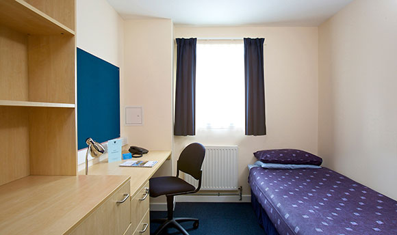 A standard room layout, with a single bed, en-suite, wardrobe and desk