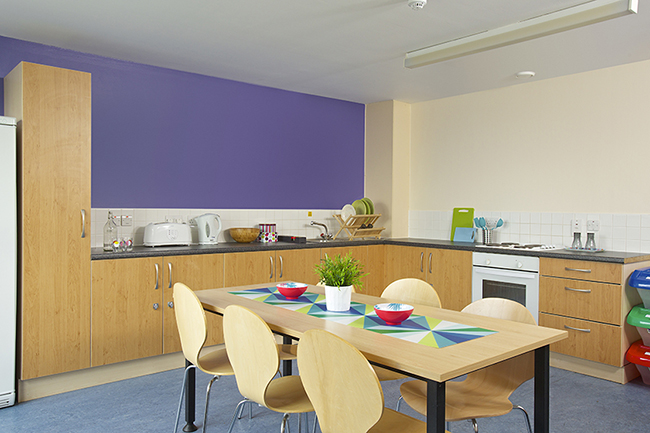 A bright open shared kitchen in the student accommodation