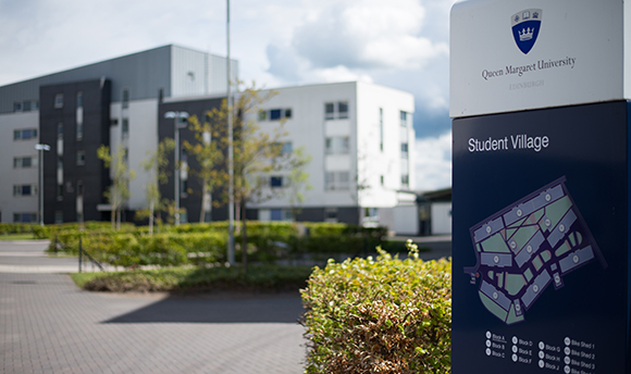 QMU Student Village map sign on campus