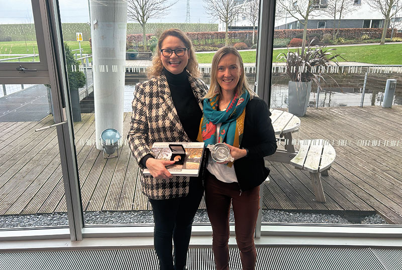 Photo of (L-R) Dr Sara Smith, QMU's Dean of the  School of Health Sciences, with Kelly Shanks, Chief Executive of Sport Manawatu in New Zealand, during a visit to campus in March 2024. Kelly graduated in 2000 with a BSc Psychology with Sociology and Social Policy. 