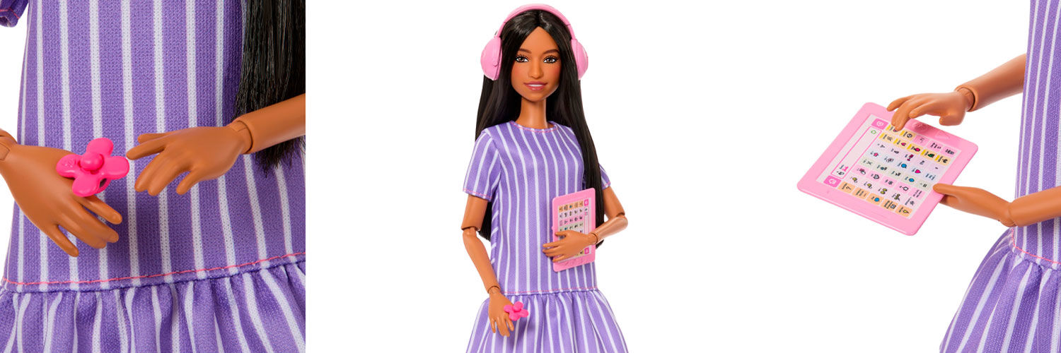 Three close up shots of the new Mattel Autistic Barbie