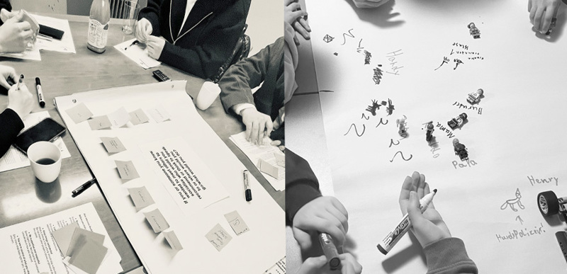 A collage of two images of students working together at a table, attaching sticky notes to an exercise about socialisation and drawing names alongside small Lego figures.