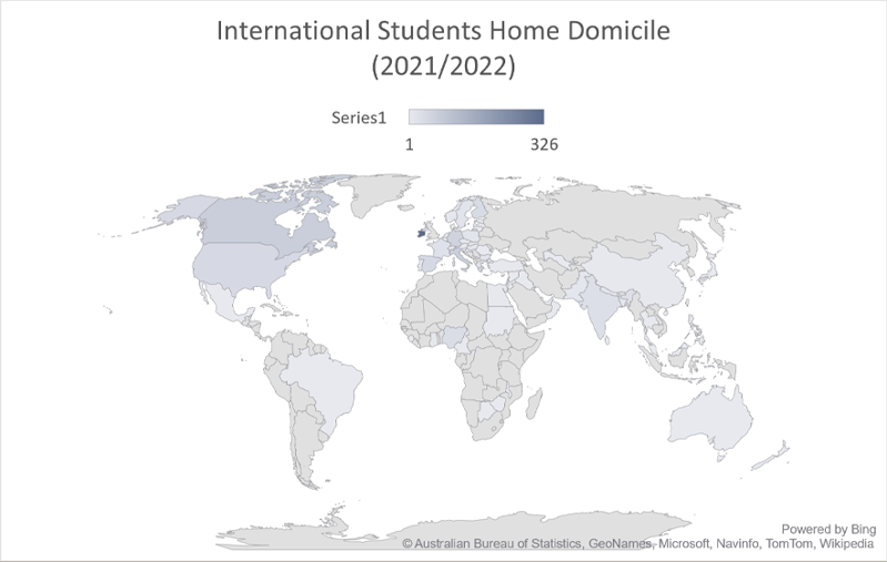 A map displaying the home locations of international students.